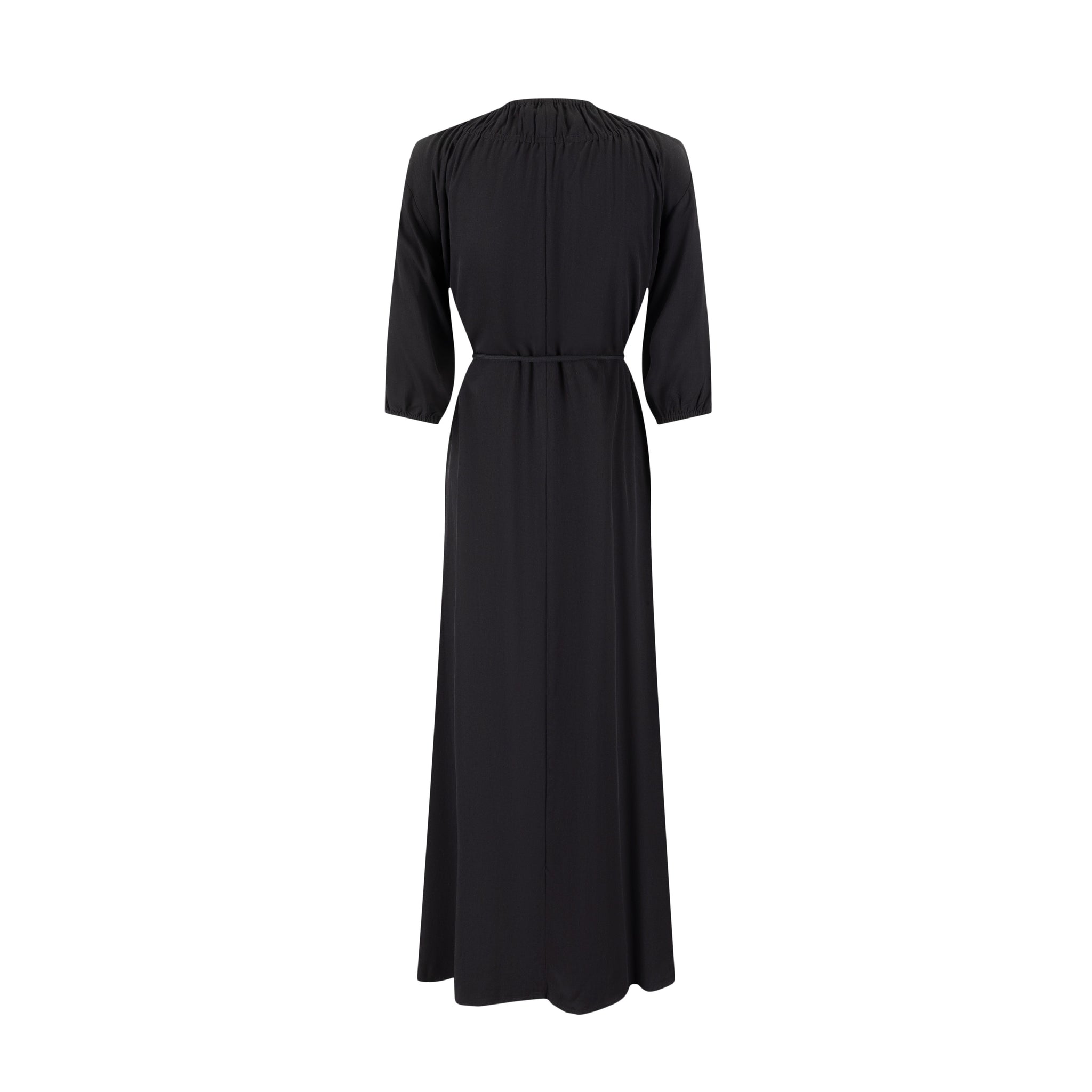 Linen Drawstring Neckline Dress - Black