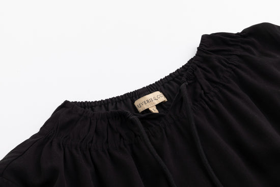 Linen Drawstring Neckline Dress - Black