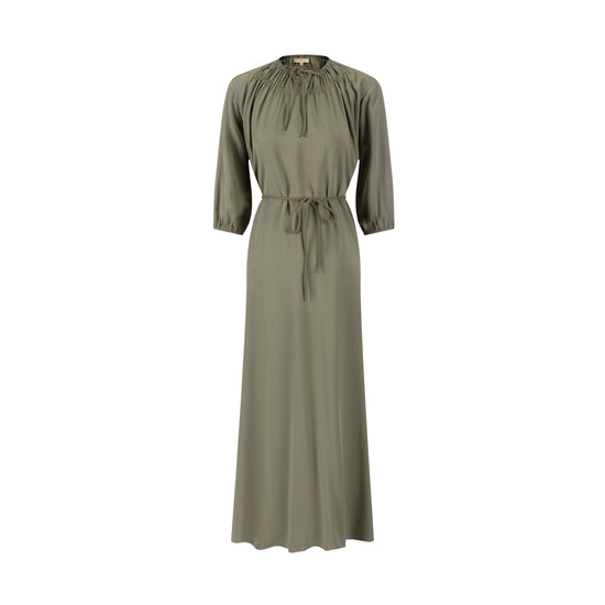 Linen Drawstring Neckline Dress - Green