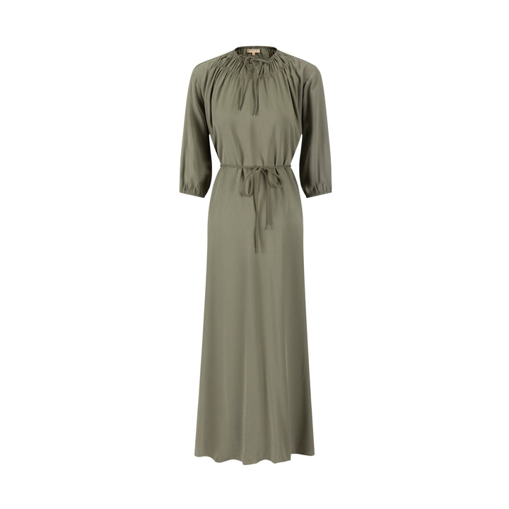 Linen Drawstring Neckline Dress - Green
