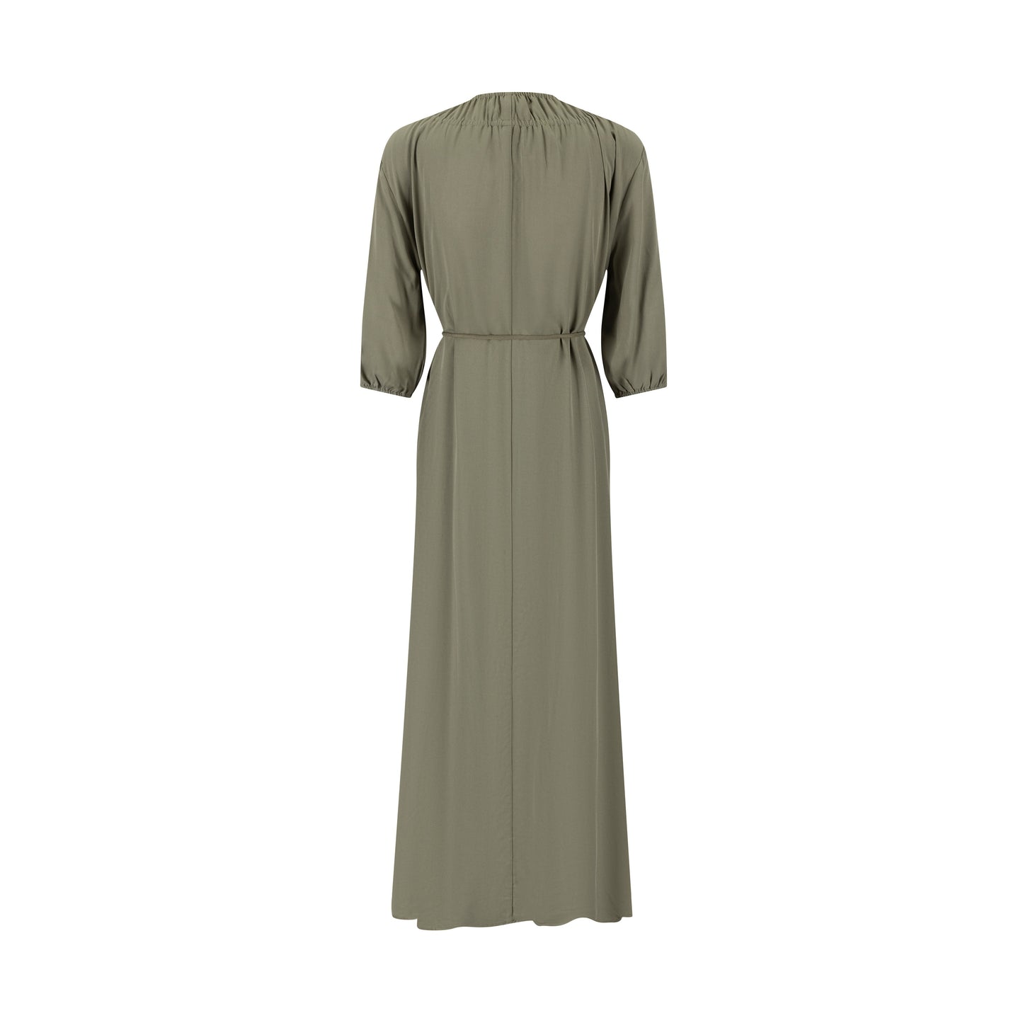 Linen Drawstring Neckline Dress - Green