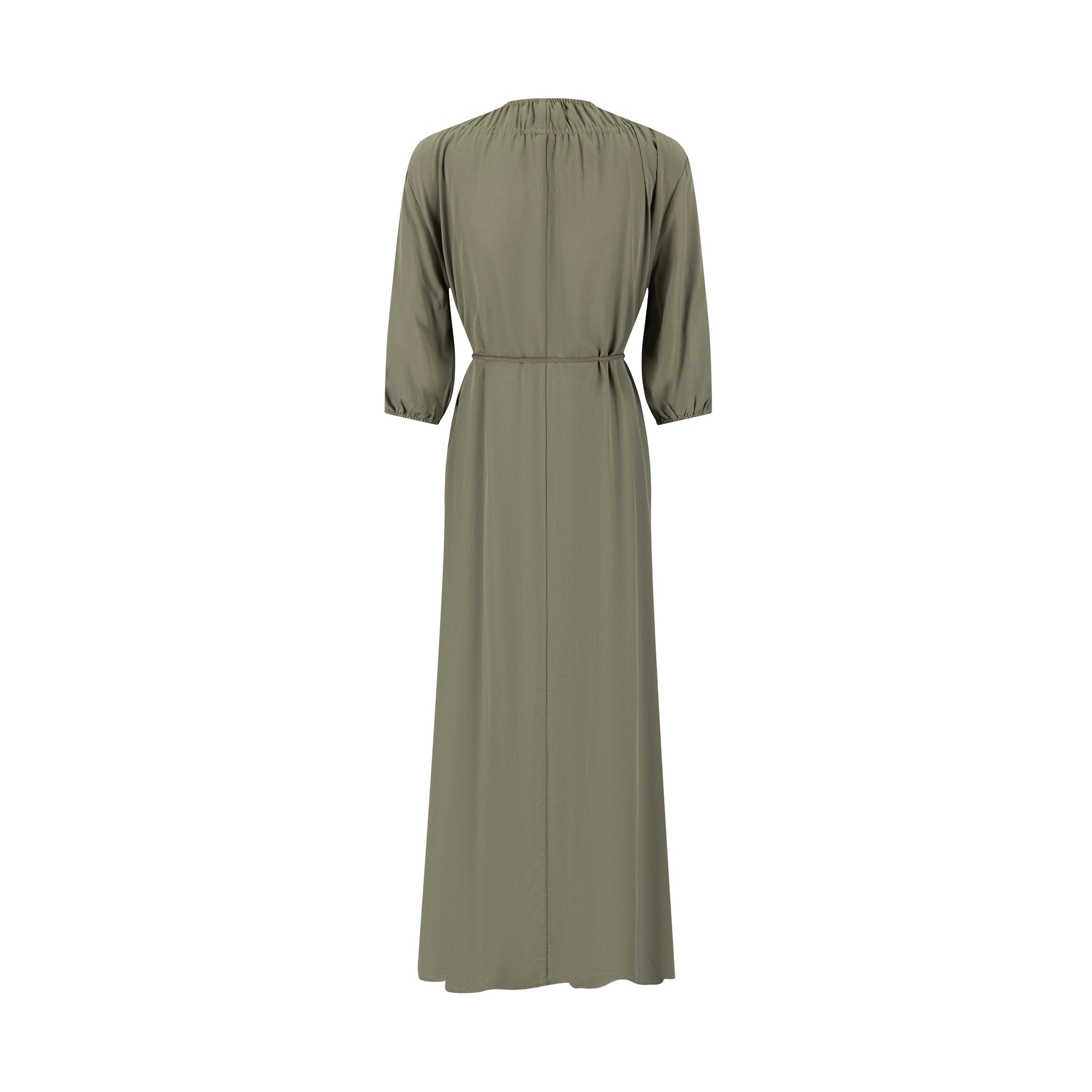 Linen Drawstring Neckline Dress - Green