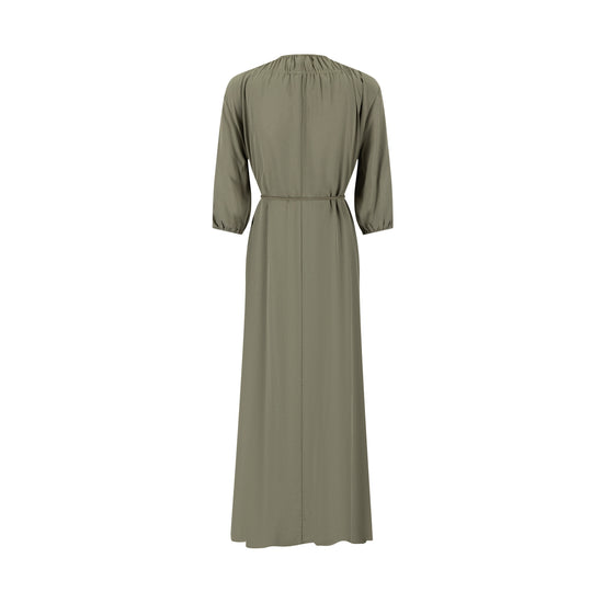 Linen Drawstring Neckline Dress - Green