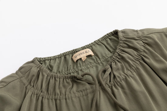 Linen Drawstring Neckline Dress - Green