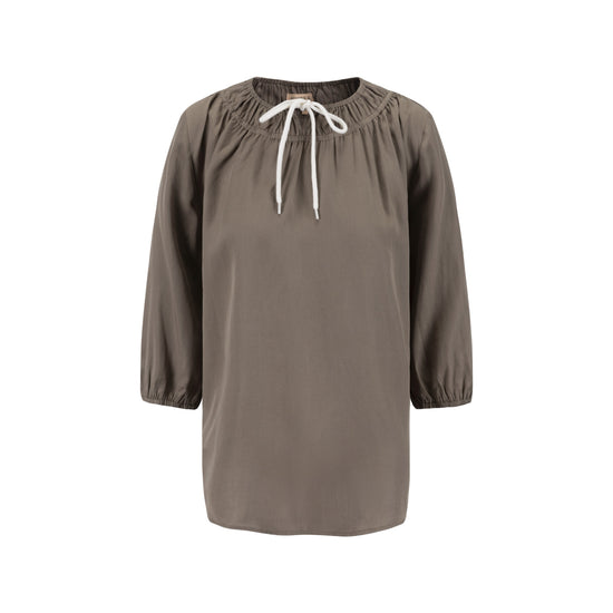 Drawstring Neckline Top- Fawn