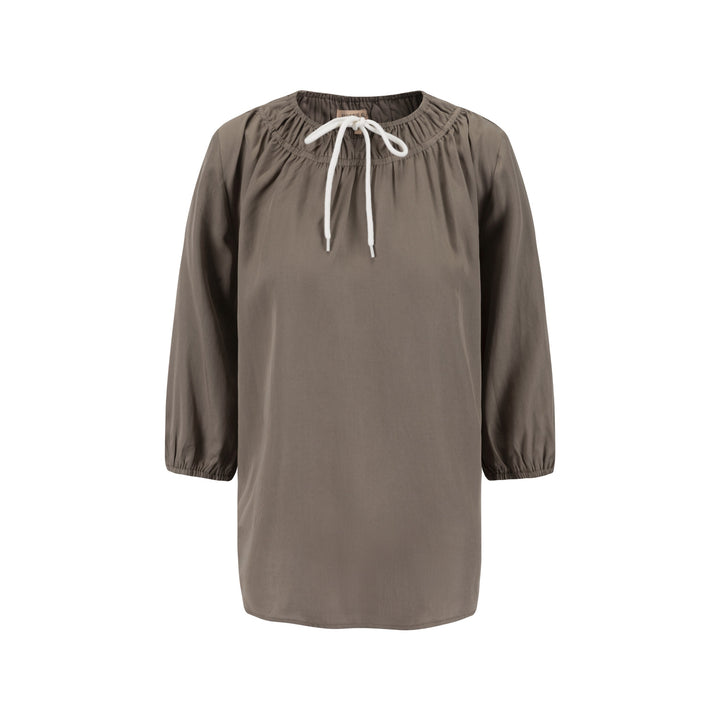 Drawstring Neckline Top- Fawn