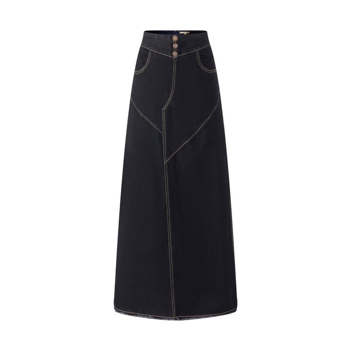 3 Button Denim Skirt-Black Denim