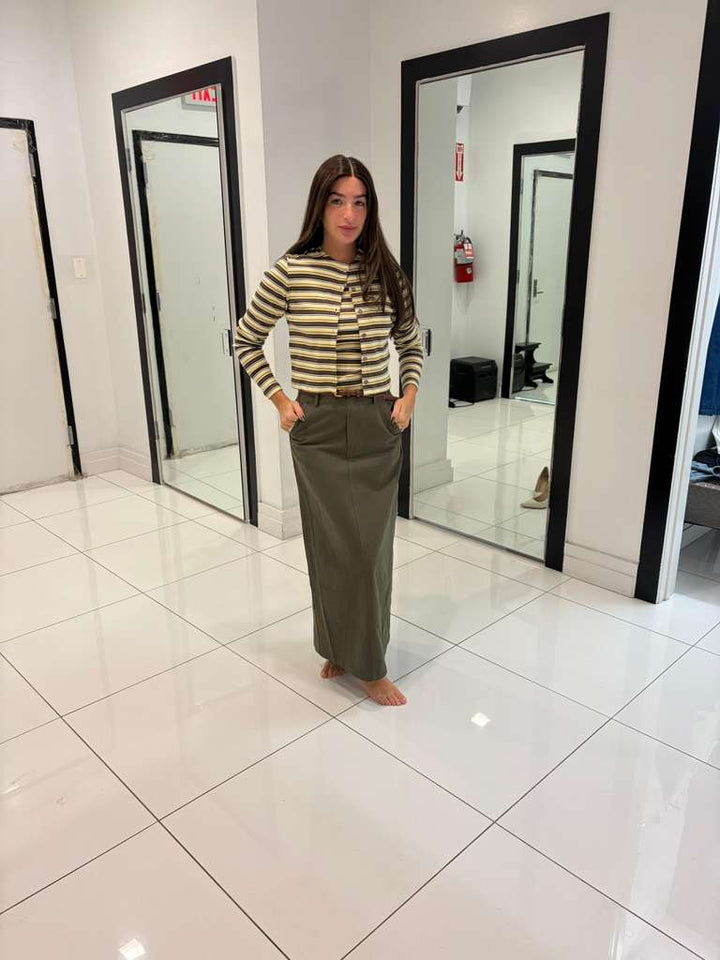 Denim Skirt With Brown Stitching And Belt - Green