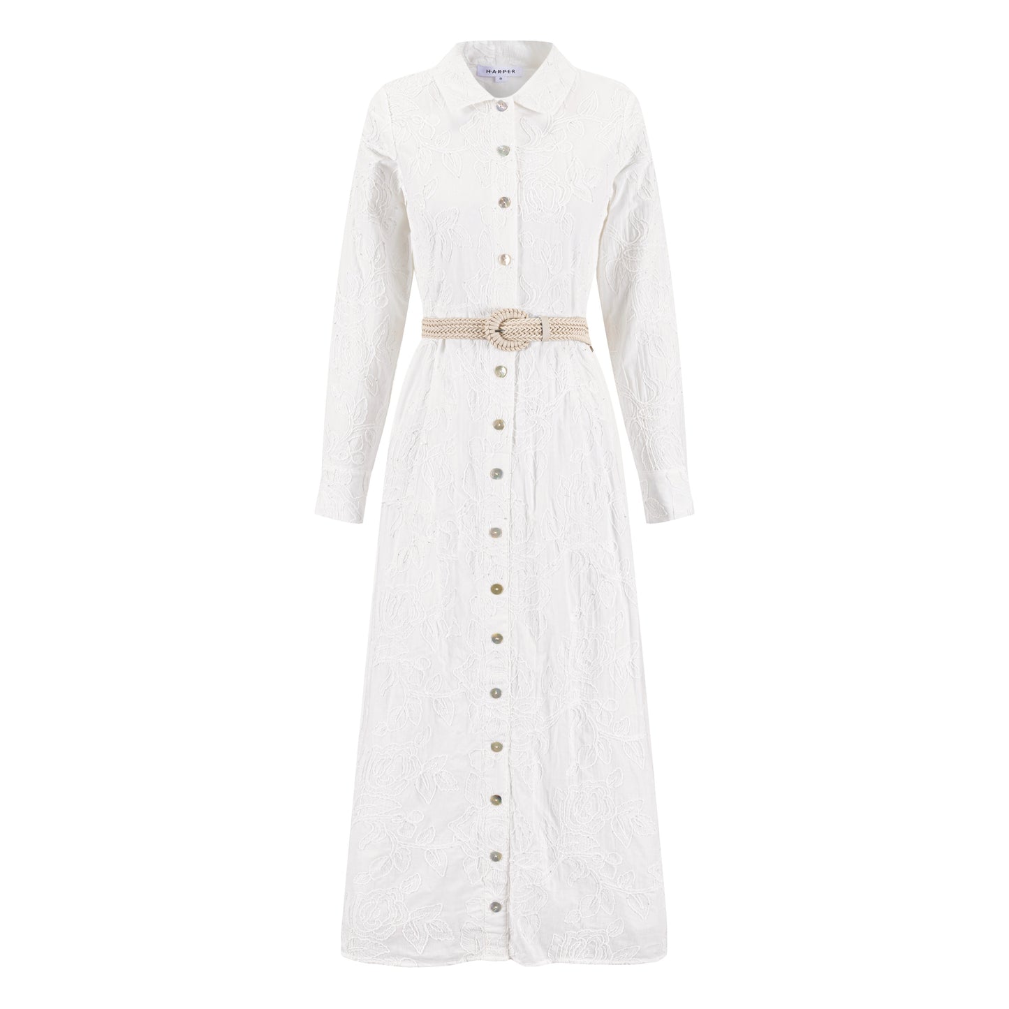 White Beaded Embroidered Dress W/ Braided Belt