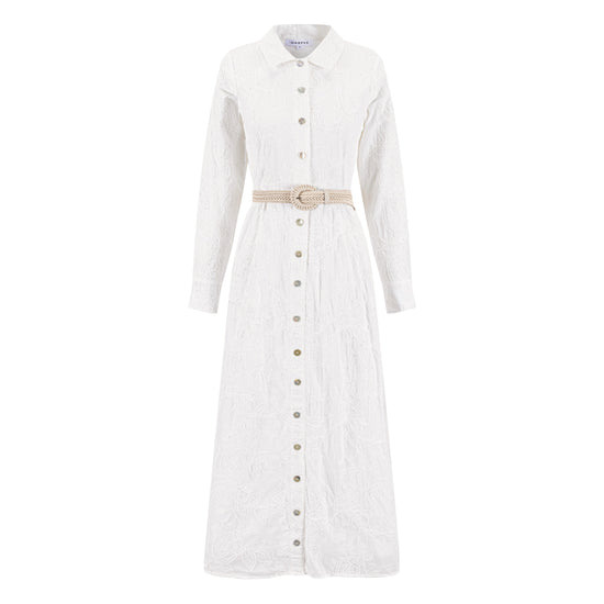 White Beaded Embroidered Dress W/ Braided Belt