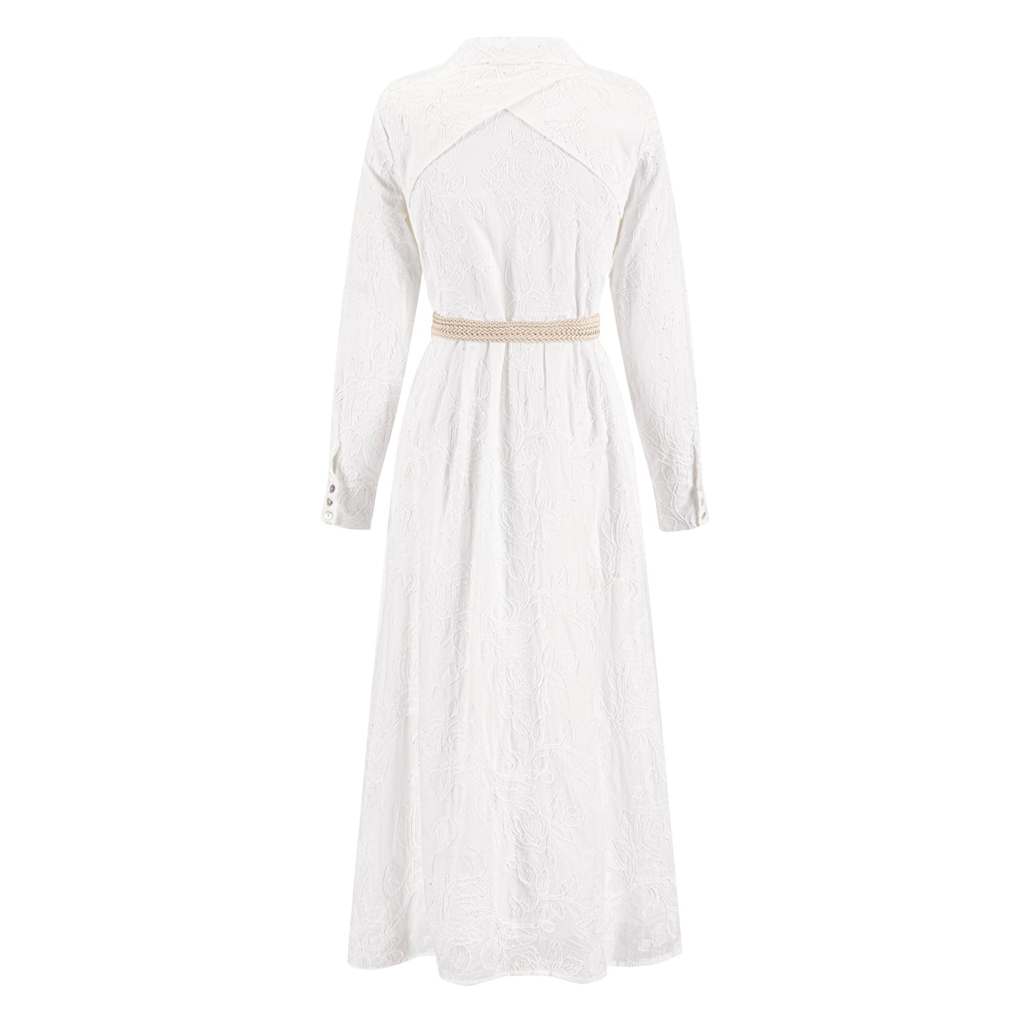 White Beaded Embroidered Dress W/ Braided Belt