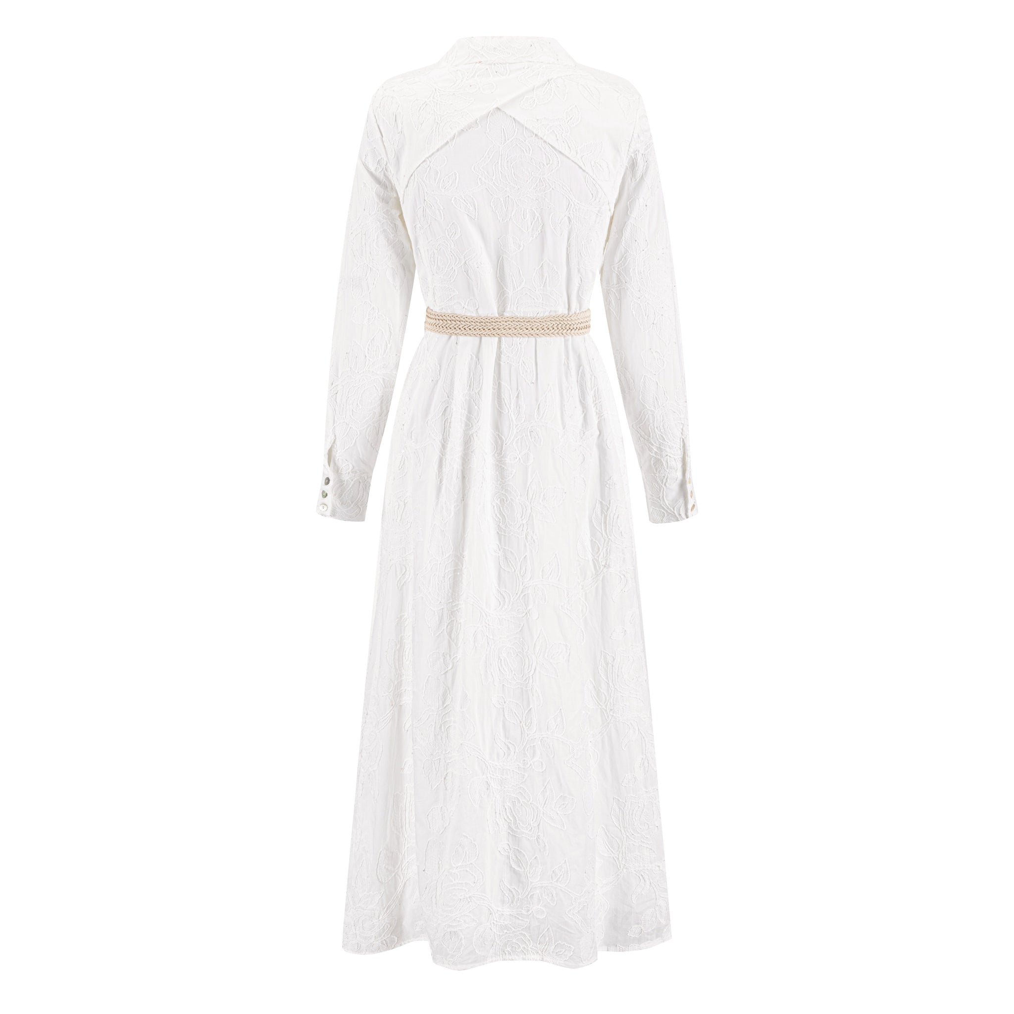 White Beaded Embroidered Dress W/ Braided Belt