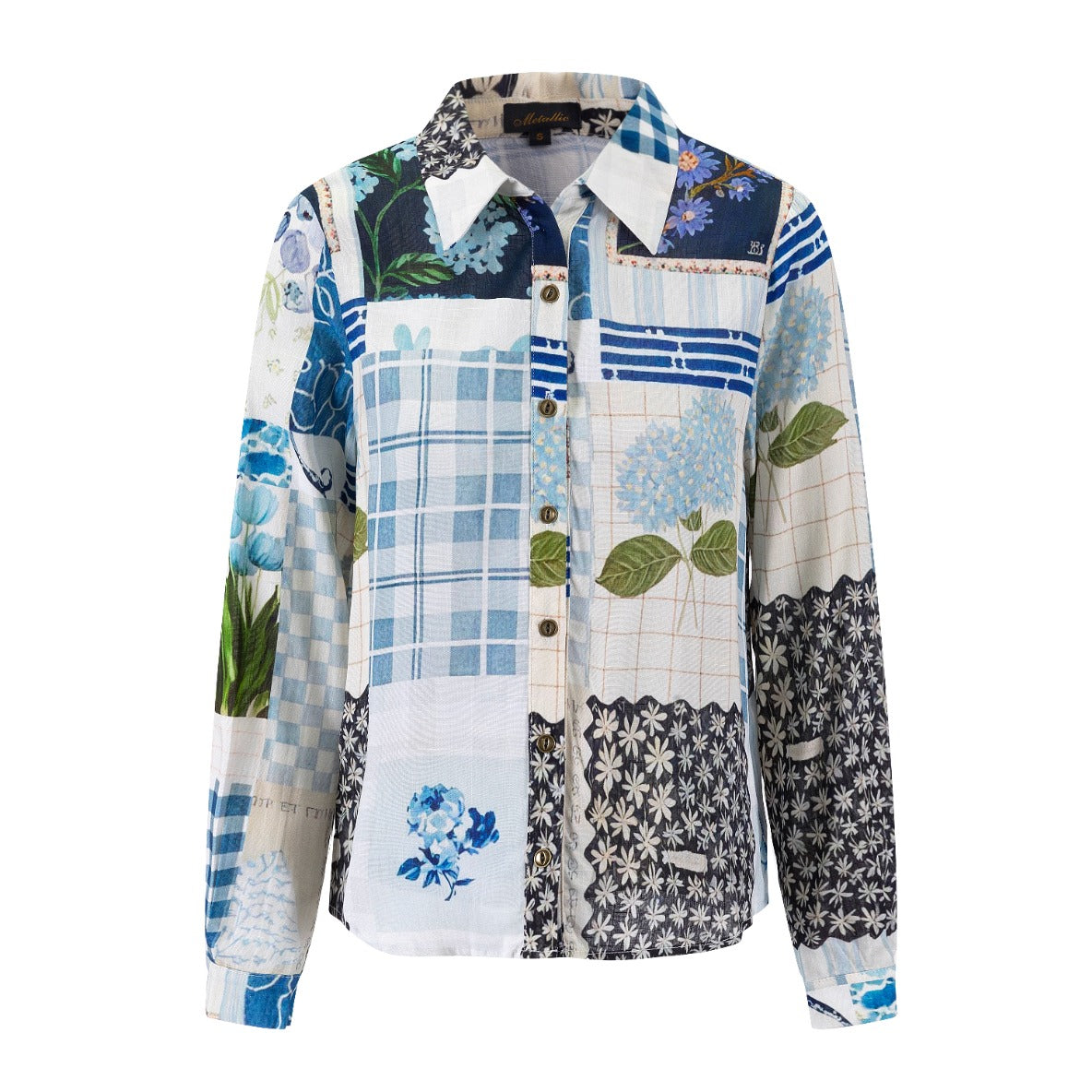 Blue Floral Patchwork Printed Blouse