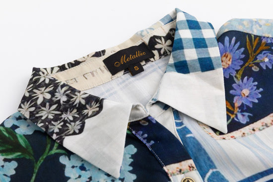 Blue Floral Patchwork Printed Blouse