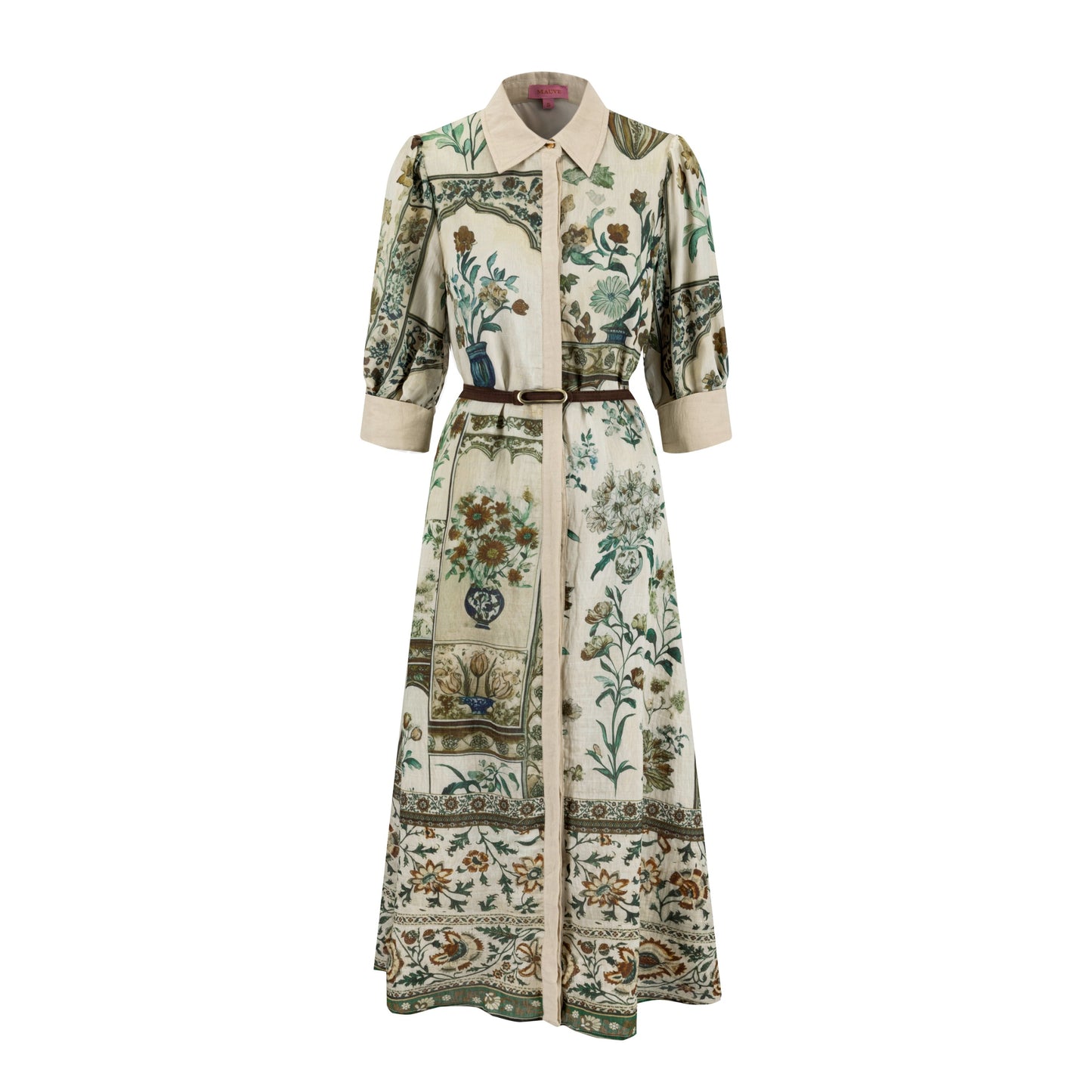 Green Printed Floral Dress With Belt