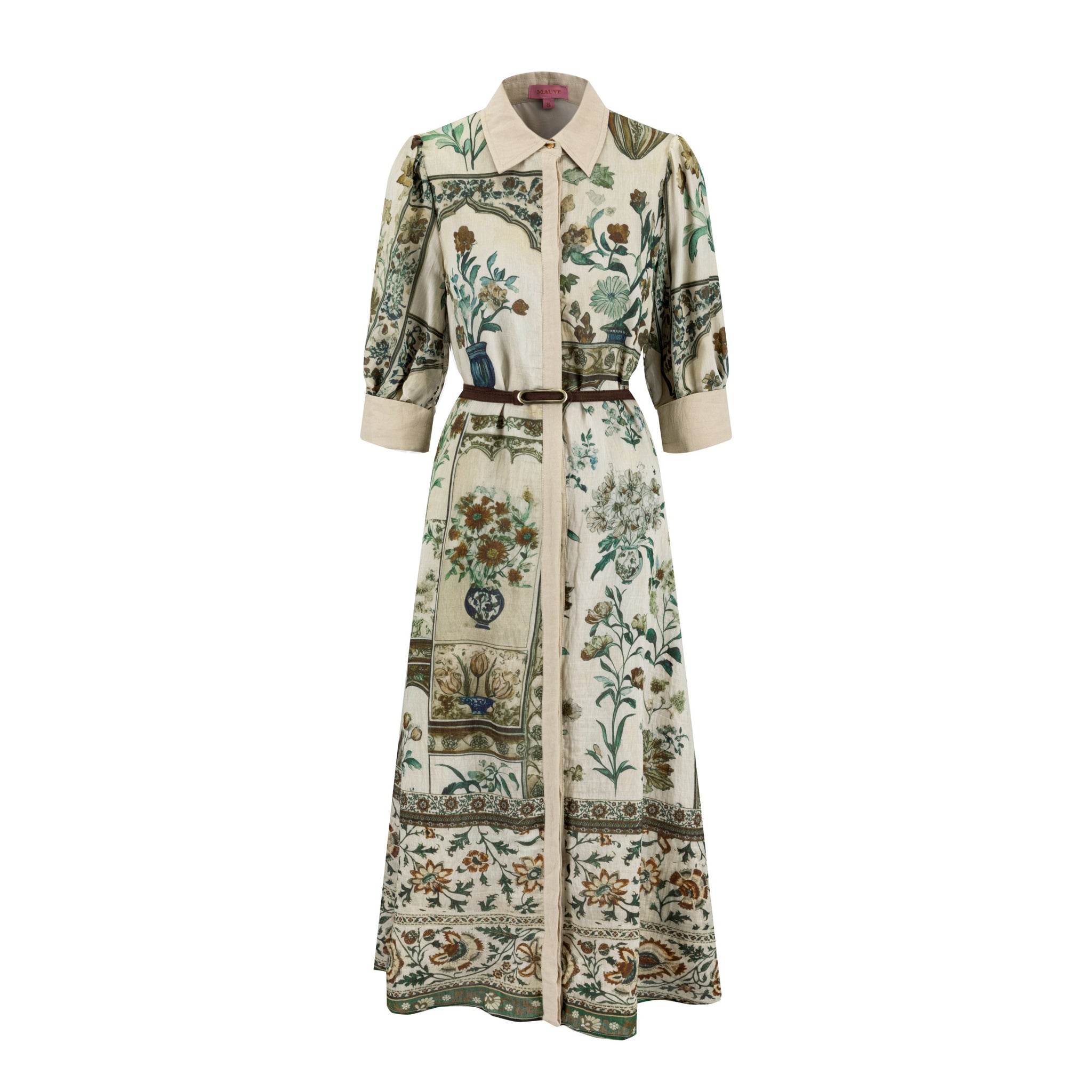 Green Printed Floral Dress With Belt