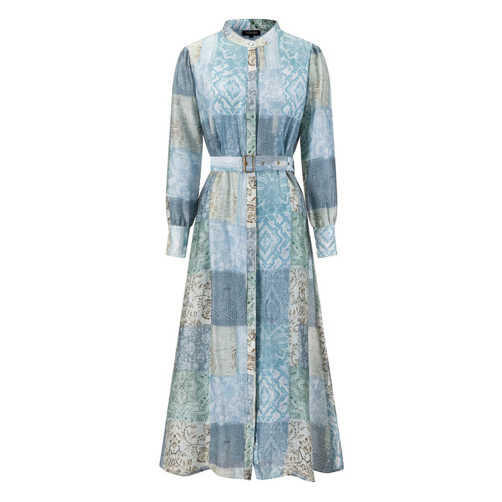 Blue Patchwork Dress With Belt