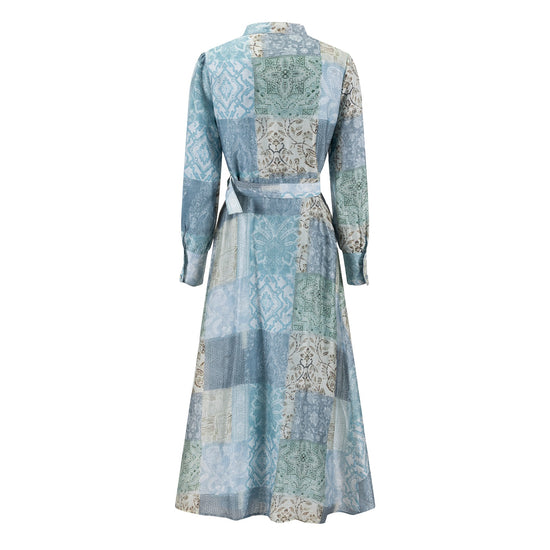 Blue Patchwork Dress With Belt