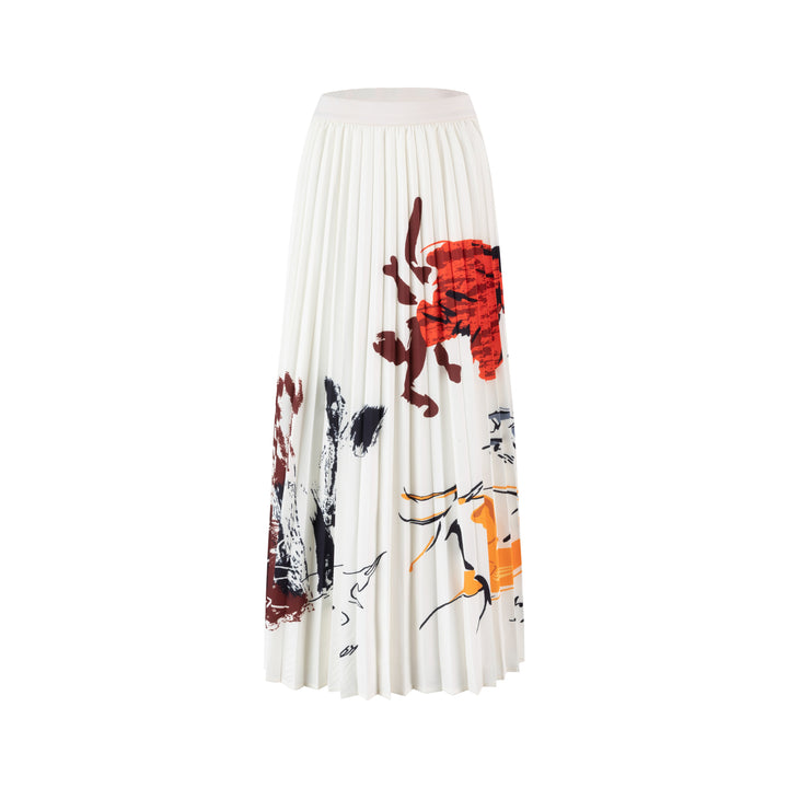 Ivory Pleated Skirt With Abstract Print