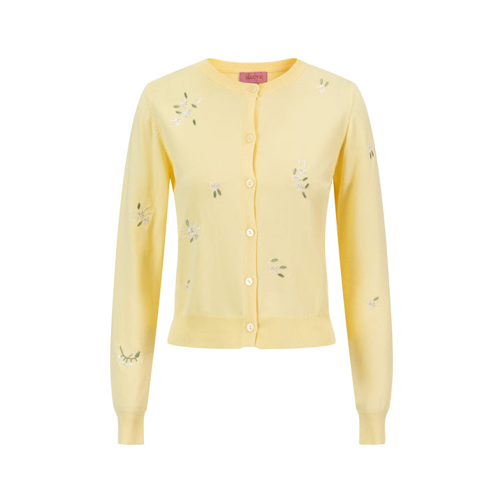 Knit Cardigan With Embroidery And Bows - Yellow