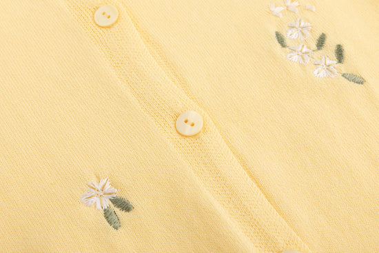 Knit Cardigan With Embroidery And Bows - Yellow