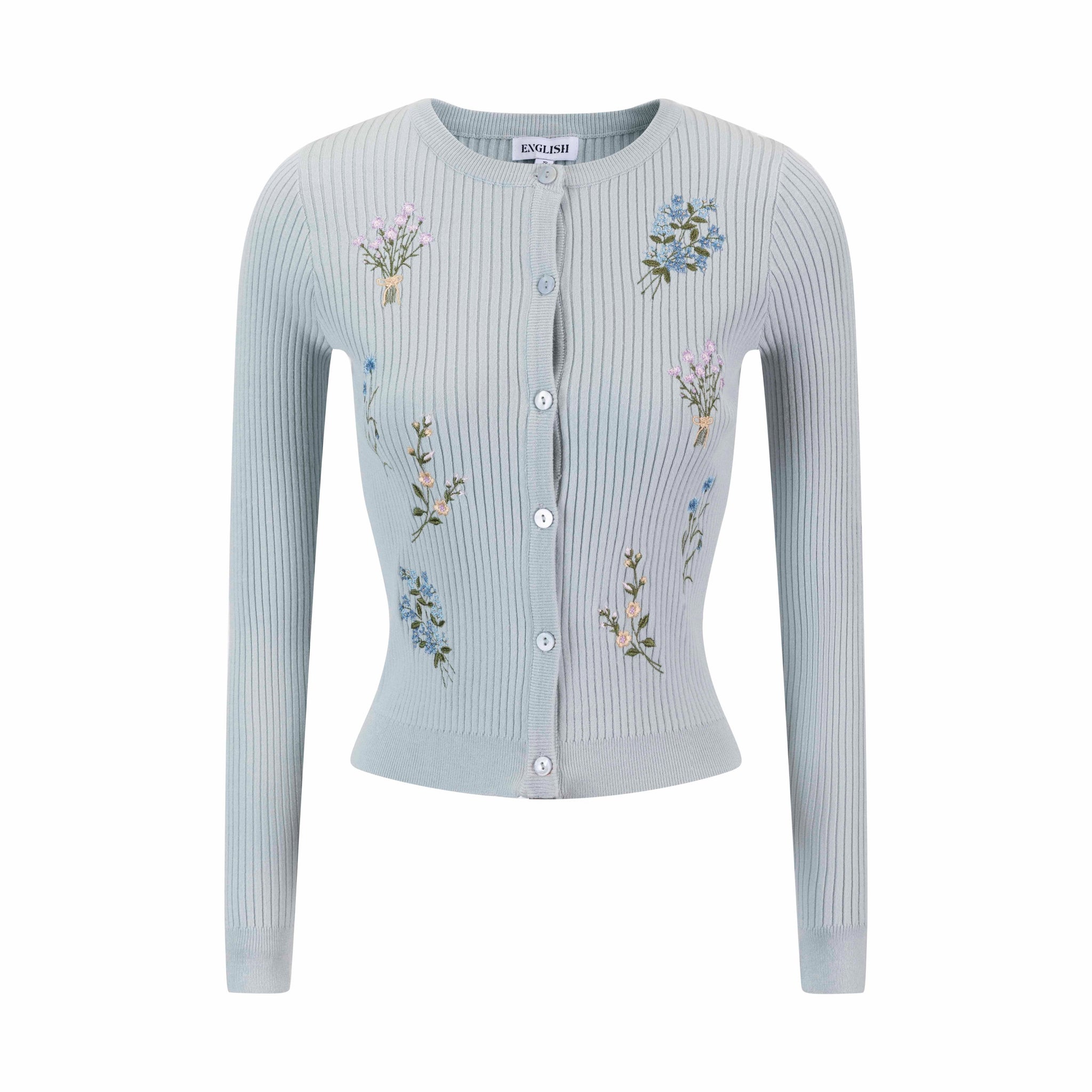 Embroidered Ribbed Knit Cardigan - Light Blue