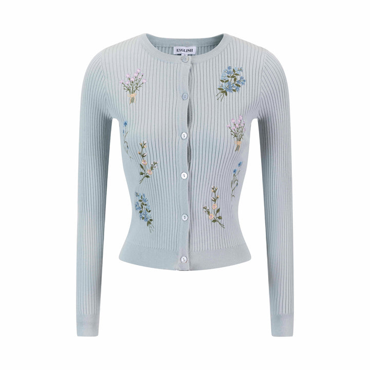 Embroidered Ribbed Knit Cardigan - Light Blue