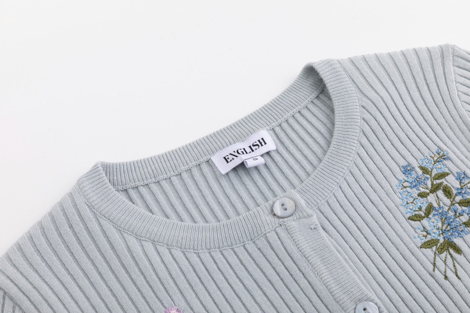 Embroidered Ribbed Knit Cardigan - Light Blue