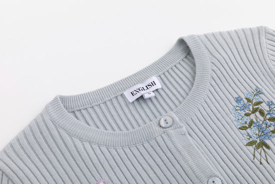 Embroidered Ribbed Knit Cardigan - Light Blue