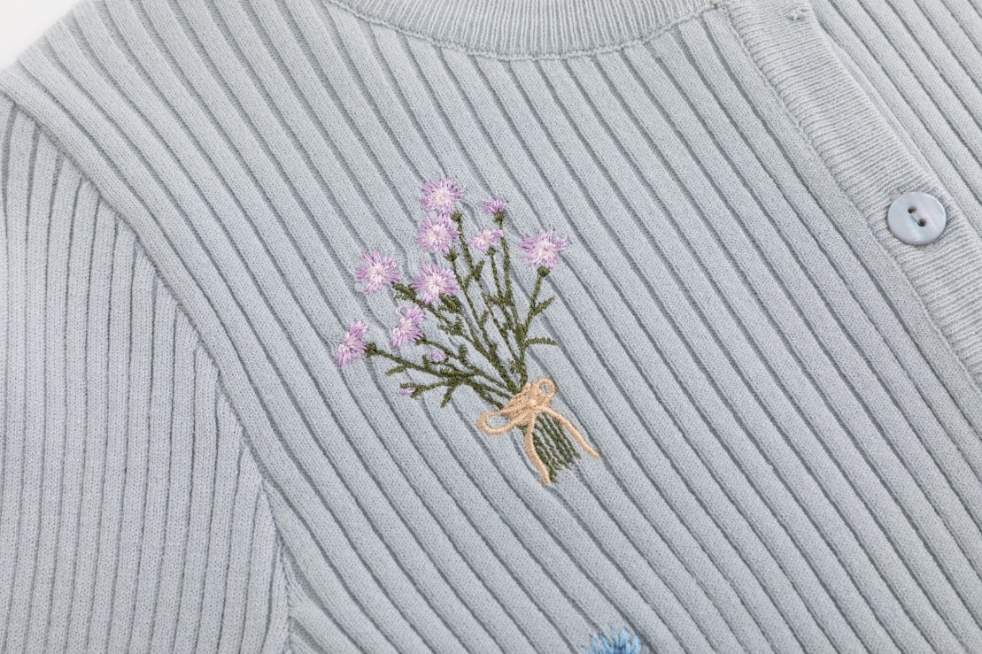 Embroidered Ribbed Knit Cardigan - Light Blue