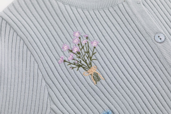 Embroidered Ribbed Knit Cardigan - Light Blue