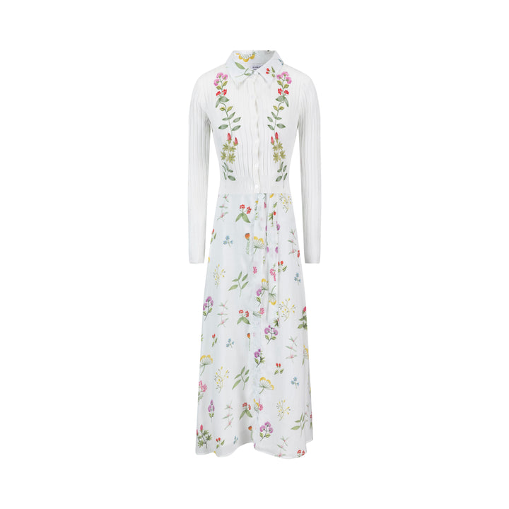 White Floral Dress With White Embroidered Cardigan