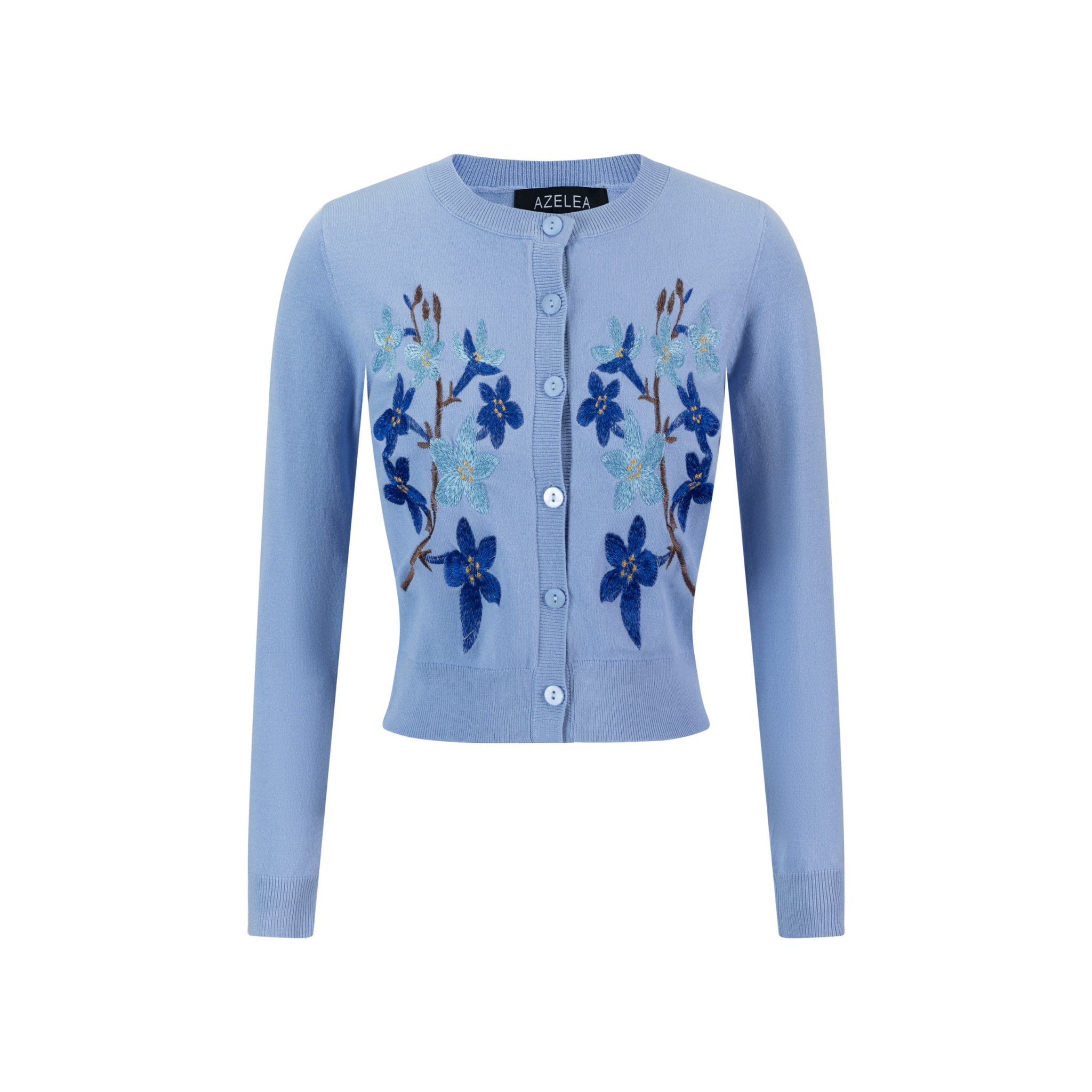 Knit Cardigan With Dark Bule Embroidery - Light Blue