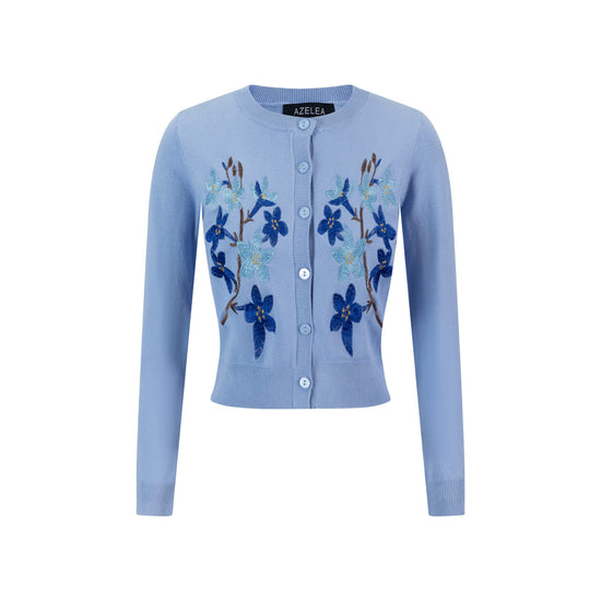 Knit Cardigan With Dark Bule Embroidery - Light Blue