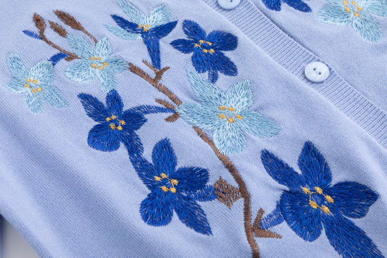 Knit Cardigan With Dark Bule Embroidery - Light Blue