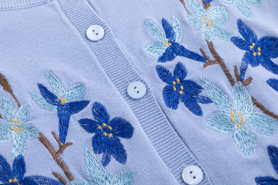 Knit Cardigan With Dark Bule Embroidery - Light Blue