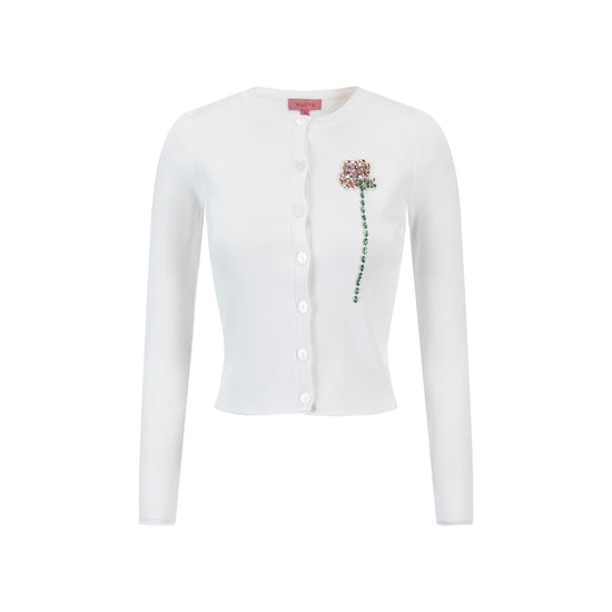 Knit Cardigan With Beaded Flower - Ivory