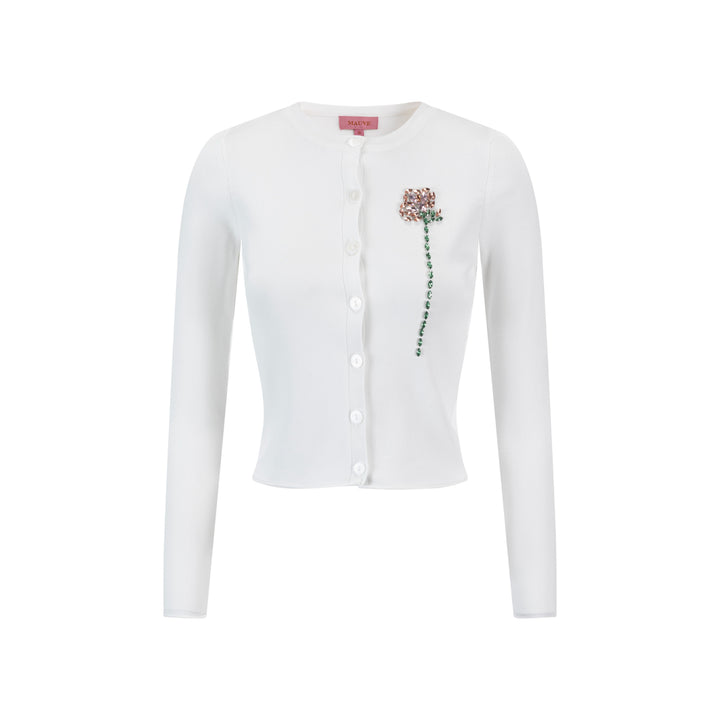 Knit Cardigan With Beaded Flower - Ivory