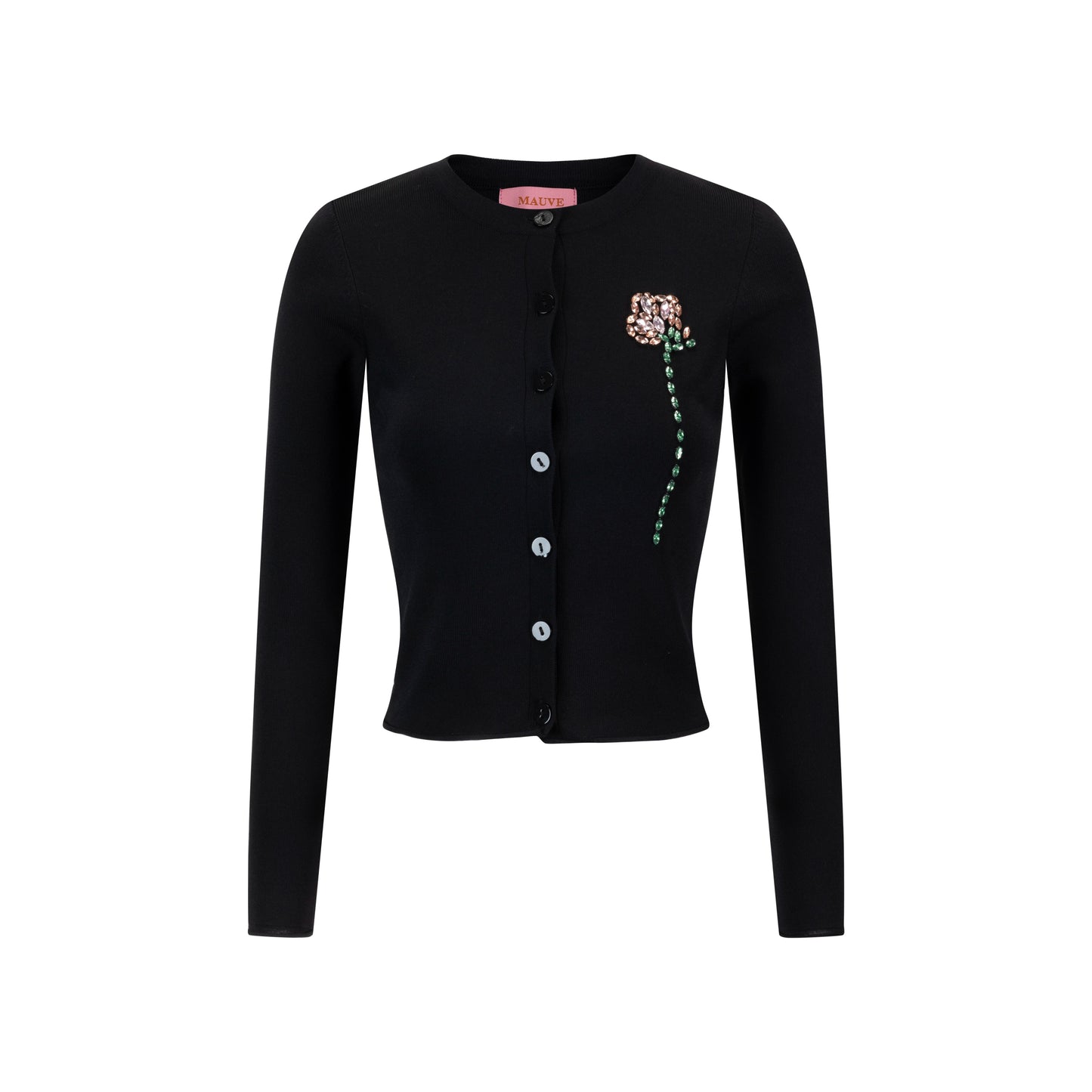 Knit Cardigan With Beaded Flower - Black
