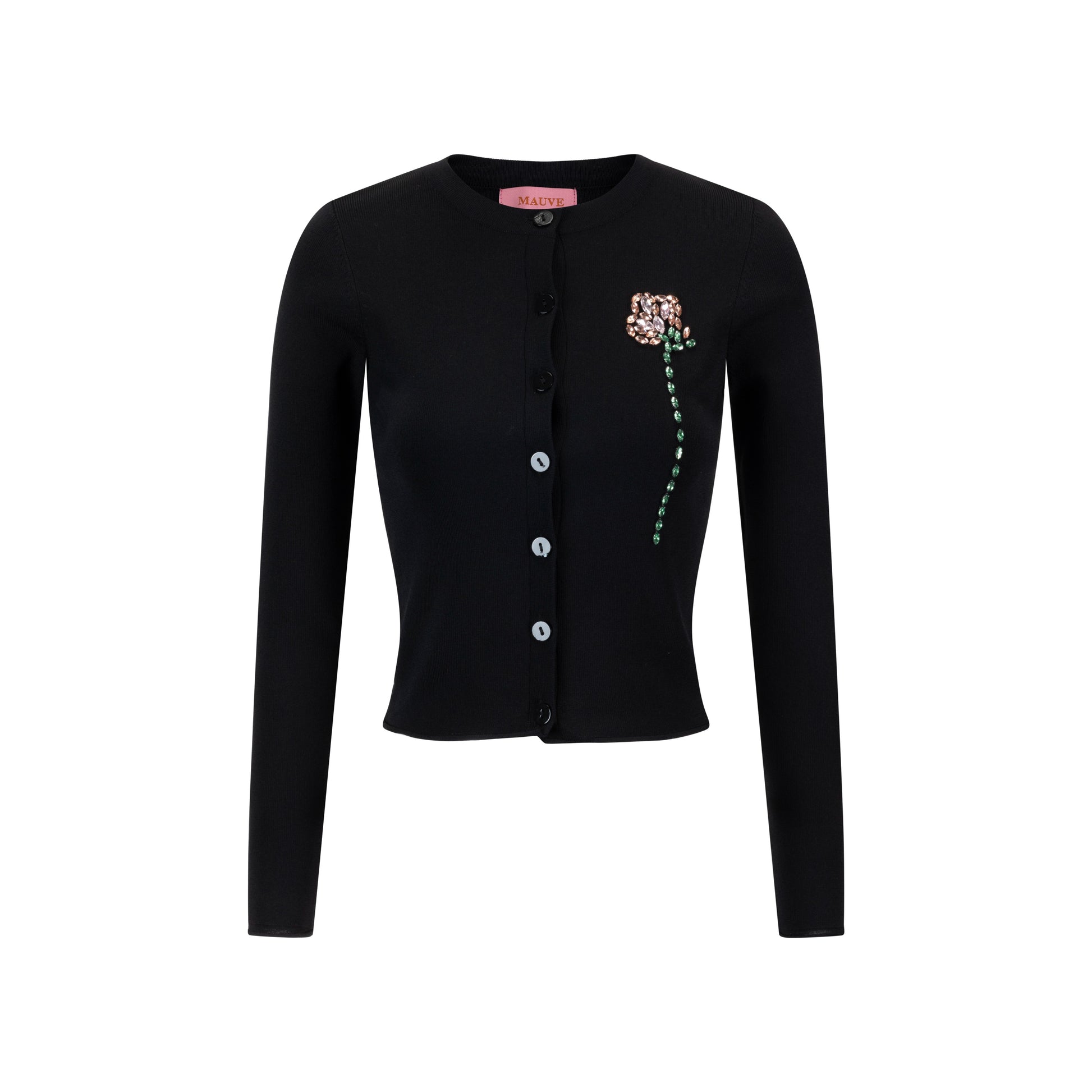 Knit Cardigan With Beaded Flower - Black