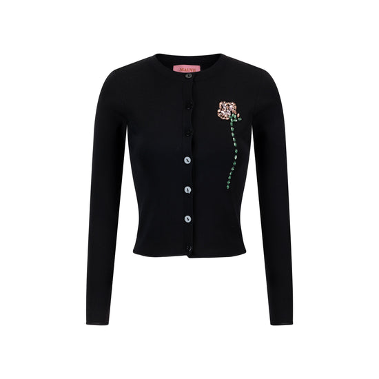 Knit Cardigan With Beaded Flower - Black