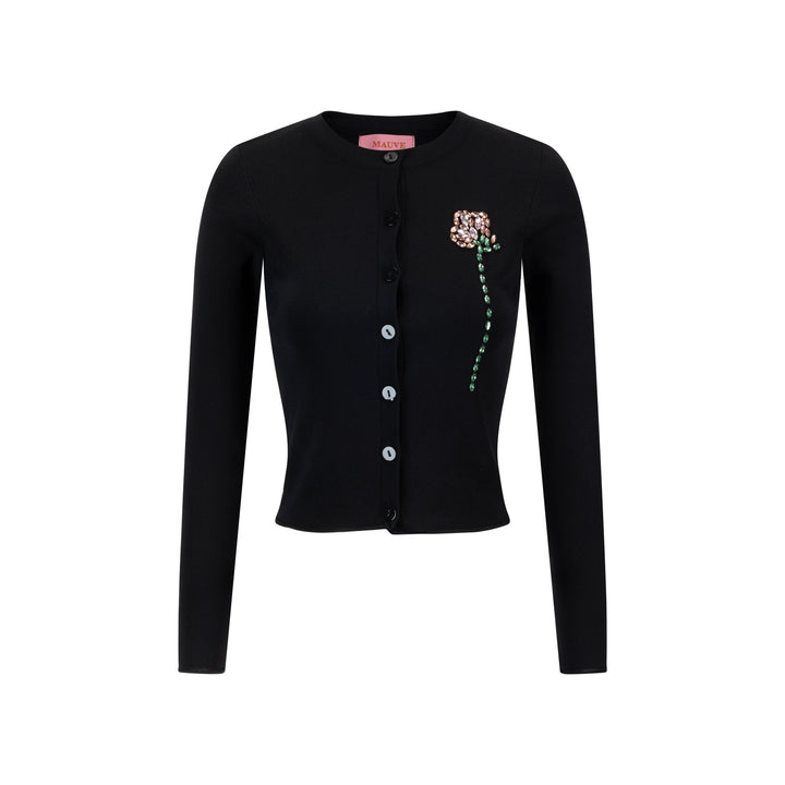 Knit Cardigan With Beaded Flower - Black
