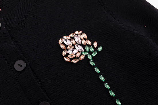 Knit Cardigan With Beaded Flower - Black