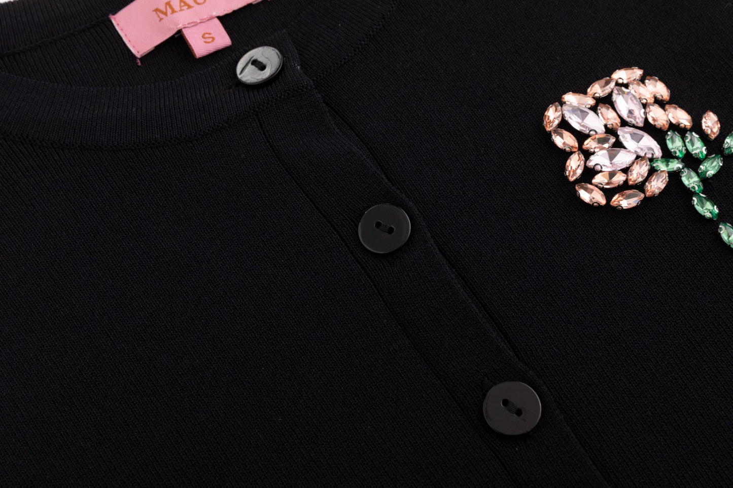 Knit Cardigan With Beaded Flower - Black