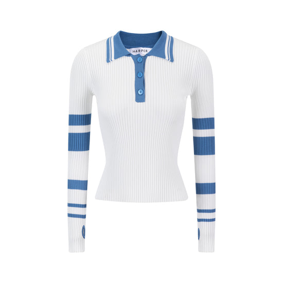 Blue And White Ribbed Knit Top