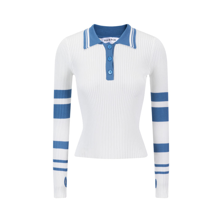Blue And White Ribbed Knit Top