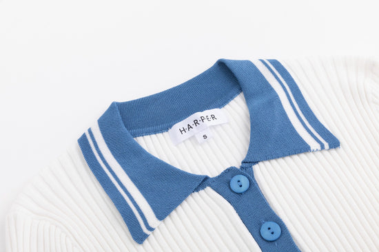 Blue And White Ribbed Knit Top