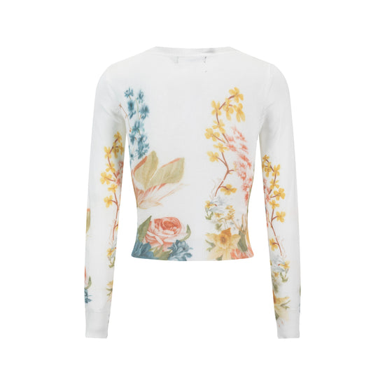 Knit Cardigan With Floral Print - White