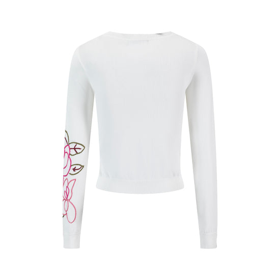 Knit Cardigan With Pink Embroidered Flowers