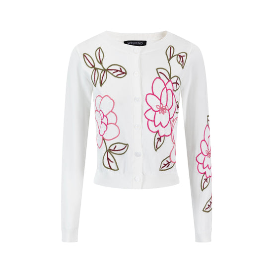 Knit Cardigan With Pink Embroidered Flowers